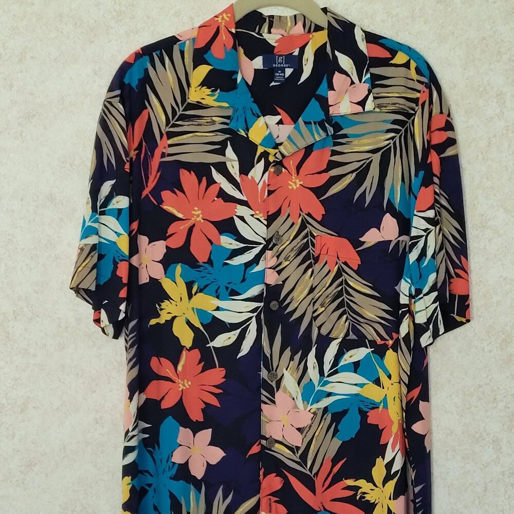 Floral Hawaiian Blue Mens Short Sleeve Shirt NWOT George Size M